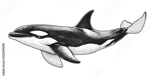 Black and white illustration of an orca whale swimming, detailed stippling creating a textured effect against a white background. The orca is photo