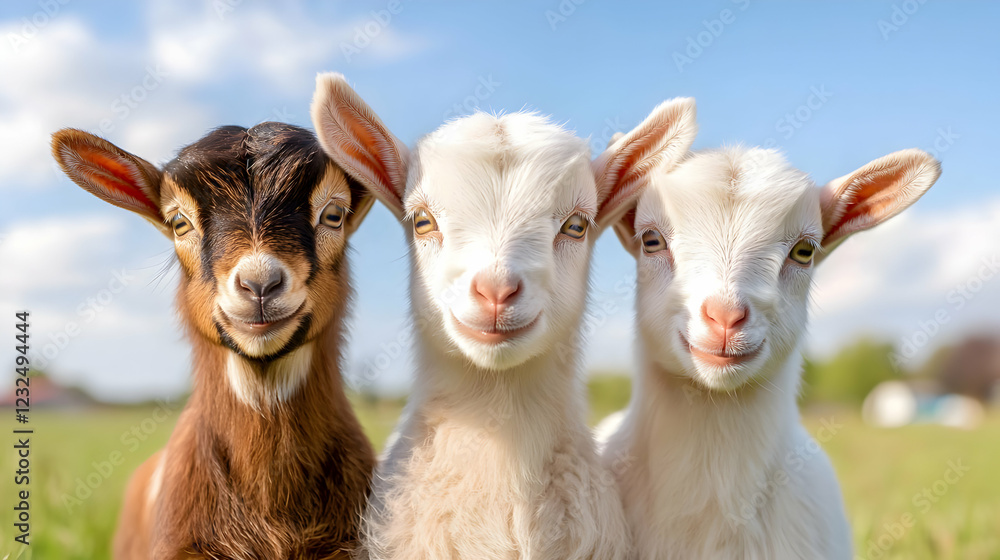 Fototapeta premium Three baby goats smiling in a field, sunny day