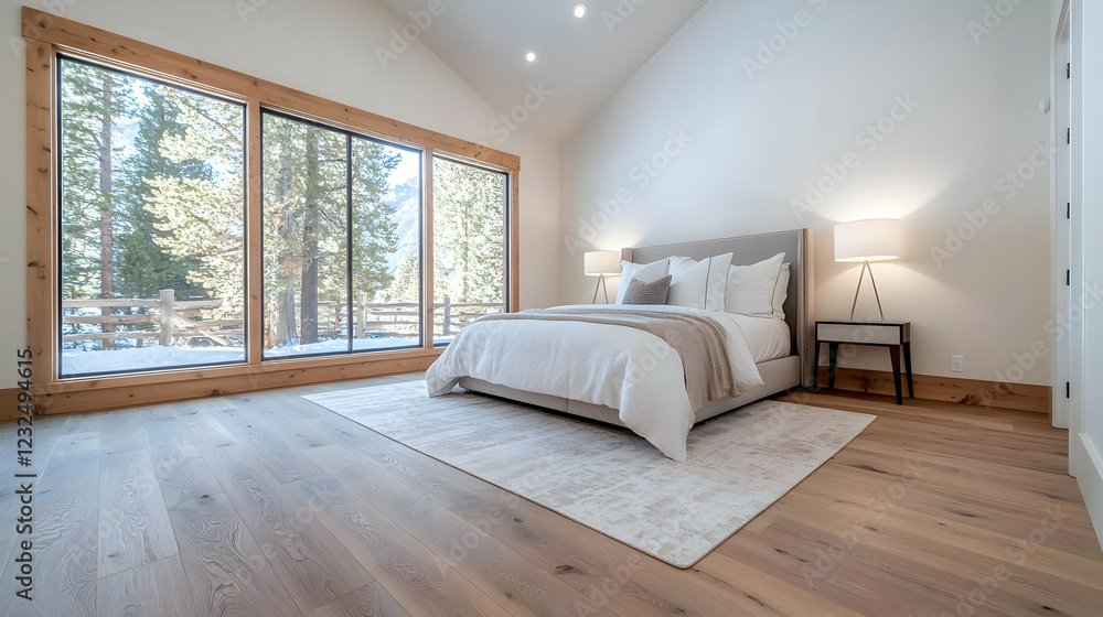 Fototapeta premium Luxurious mountain bedroom, snowy view, hardwood floors, winter escape