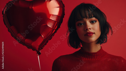 a beautiful woman holding a heart-shaped balloon against a red background. Valentines day concept