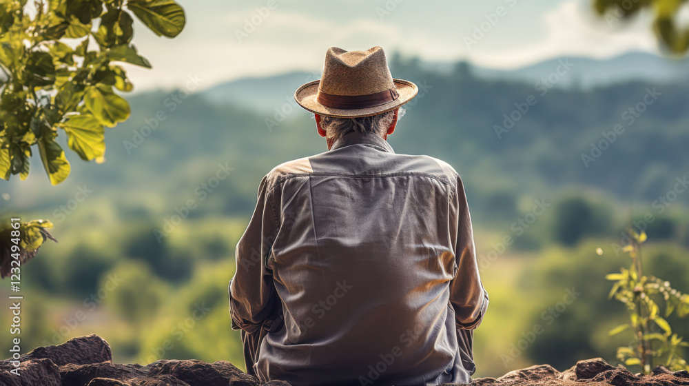 Fototapeta premium Elderly man enjoys quiet reflection on a park bench as the sun sets behind the trees in a serene landscape