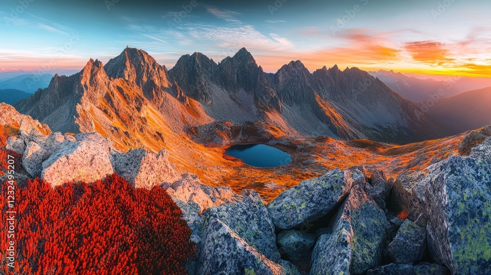 Naklejka premium Majestic Sunset Over the Alpine Lake and Mountain Range