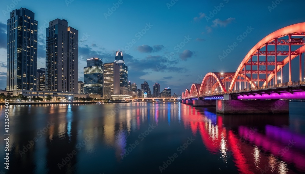 Naklejka premium Night view of a city skyline with illuminated bridge and reflecting water