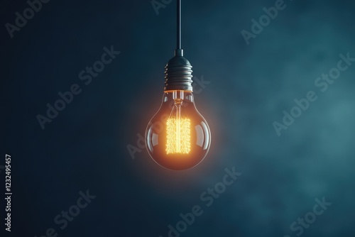 A minimalist poster featuring a single, glowing light bulb suspended in darkness, representing ideas and innovation