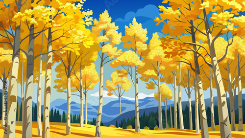 Yellow Aspen Trees Contrast Blue Sky Background