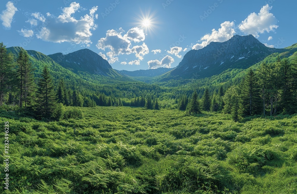 Fototapeta premium Mountain landscape. A breathtaking view of a deep evergreen forest illuminated by sunlight at the midpoint of summer. Natural greenery of clouds, stones covered in moss on mountain slopes in the