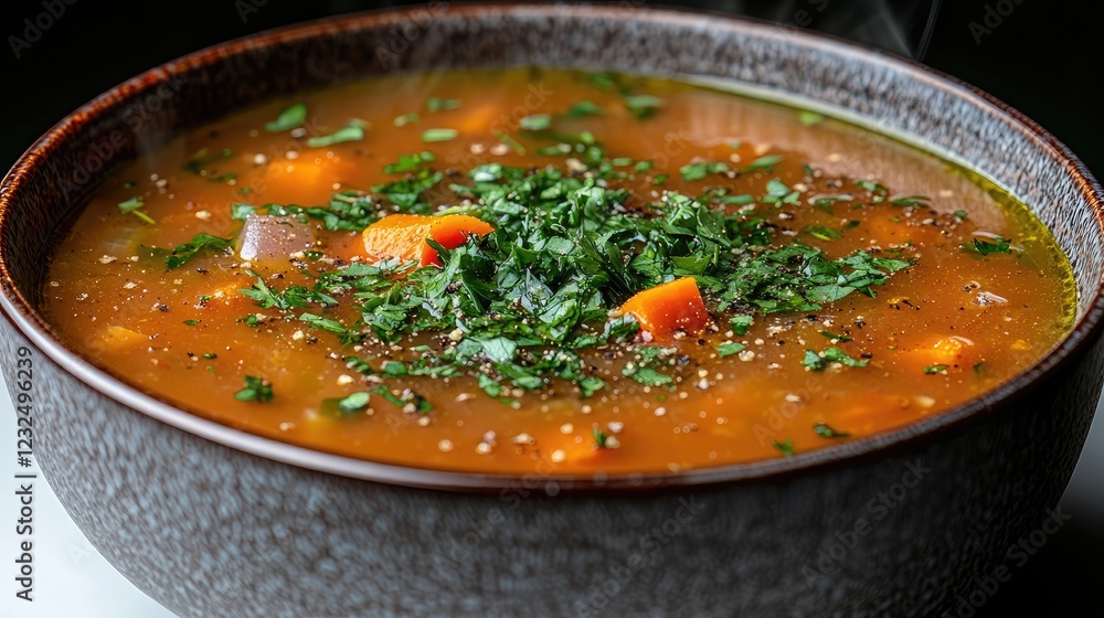 A steaming bowl of hearty vegetable soup garnished with fresh herbs and spices A steaming bowl of hearty vegetable soup garnished with fresh herbs and spices