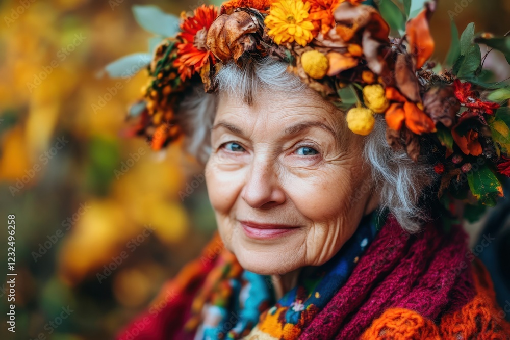 Elderly woman smiles warmly in colorful autumn setting with floral crown Elderly woman smiles warmly in colorful autumn setting with floral crown