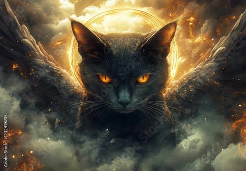 Black cat with golden halo and wings, amidst dark clouds and fiery sparks. Dramatic lighting and intense gaze. Digital art photo