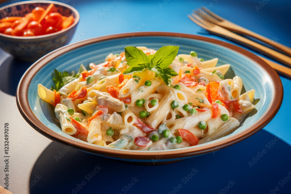 Creamy pasta with carrots, green peas, and fresh herbs served in a decorative bowl with a colorful background Creamy pasta with carrots, green peas, and fresh herbs served in a decorative bowl with a colorful background