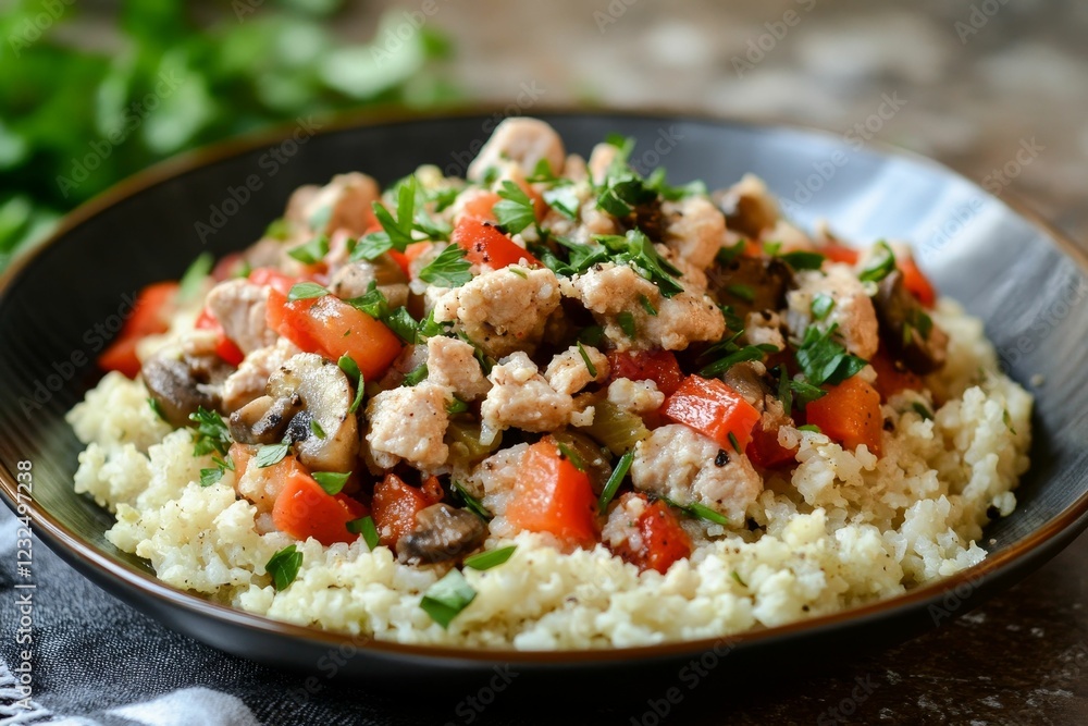 Chopped meat with tomatoes, mushrooms, and grain dish.