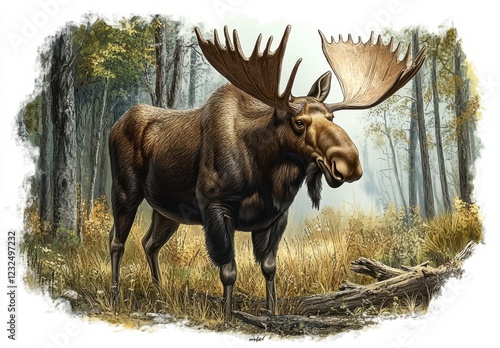 Male moose standing in a forest, detailed illustration with brown and tan tones, large antlers, soft lighting, autumnal setting photo