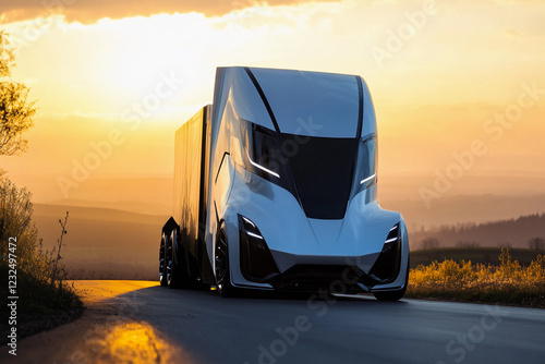 Futuristic electric truck driving down a scenic road at sunset photo