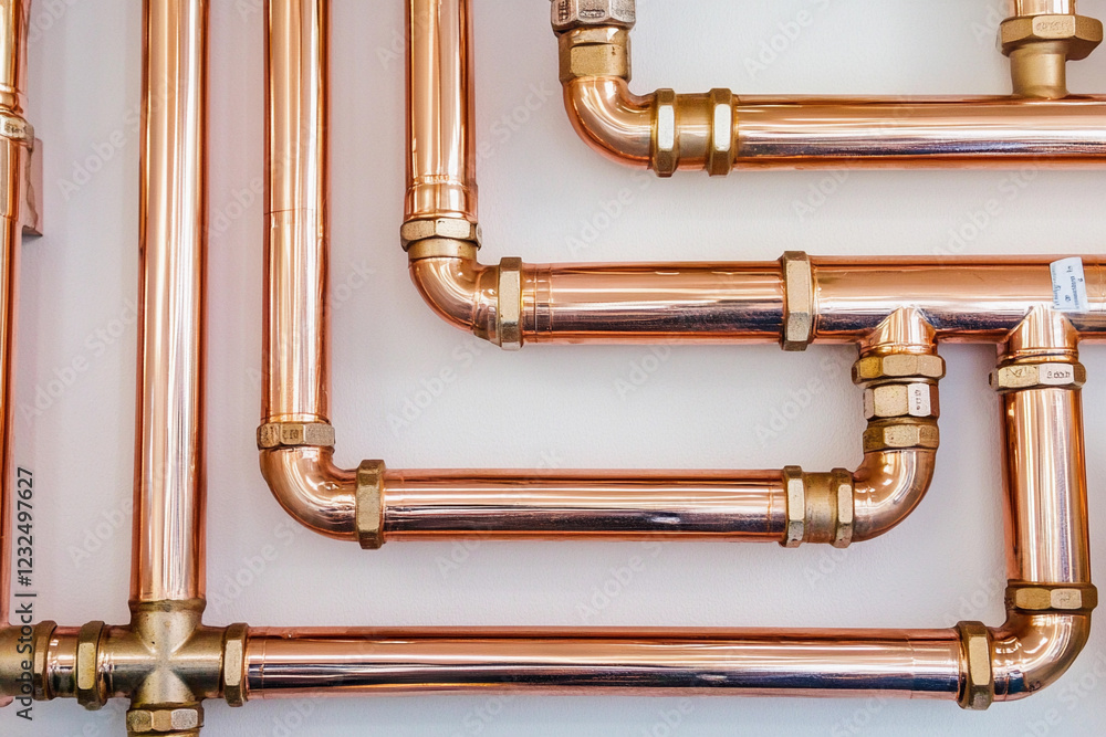 Fototapeta premium Copper plumbing pipes arranged for installation in building