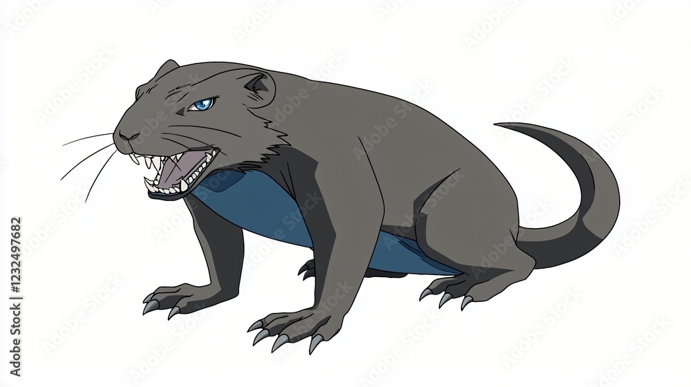 Fototapeta premium Angry grey creature, white background, illustration