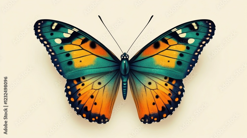 Fototapeta premium Pixel art butterfly with teal, orange, and black wings on a beige background. Detailed illustration of insect wings, showcasing intricate patterns