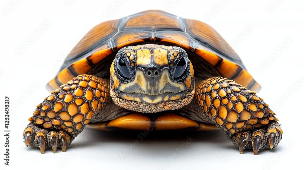 The turtle advances slowly on grass, its shell showcasing an intricate design The turtle advances slowly on grass, its shell showcasing an intricate design