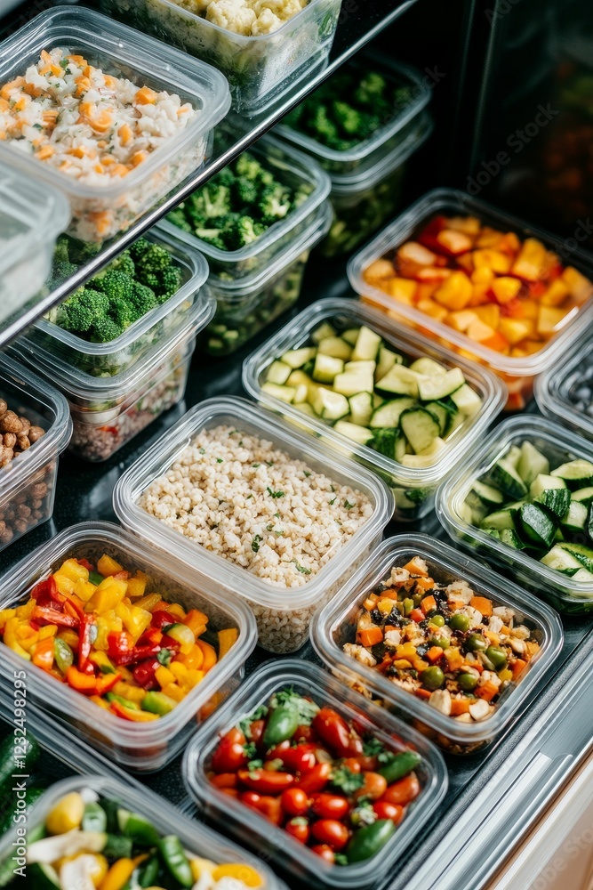 Prepared food containers arranged inside refrigerator shelves. Prepared food containers arranged inside refrigerator shelves.