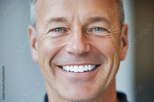 Smiling man with gray hair in bright indoor setting photo