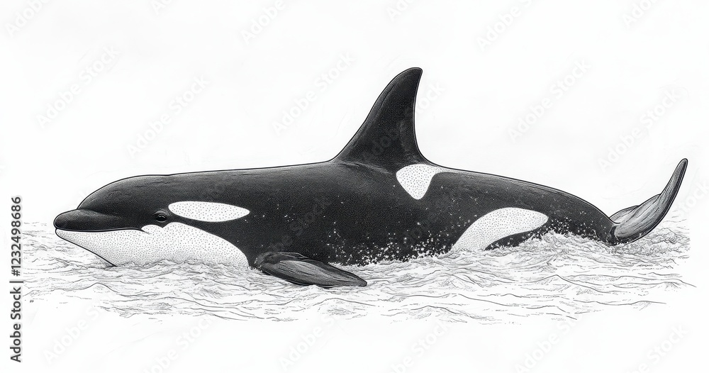 Obraz premium A black and white pointillist illustration of an orca swimming in the ocean. The image is detailed and shows the orca's sleek body and distinctive