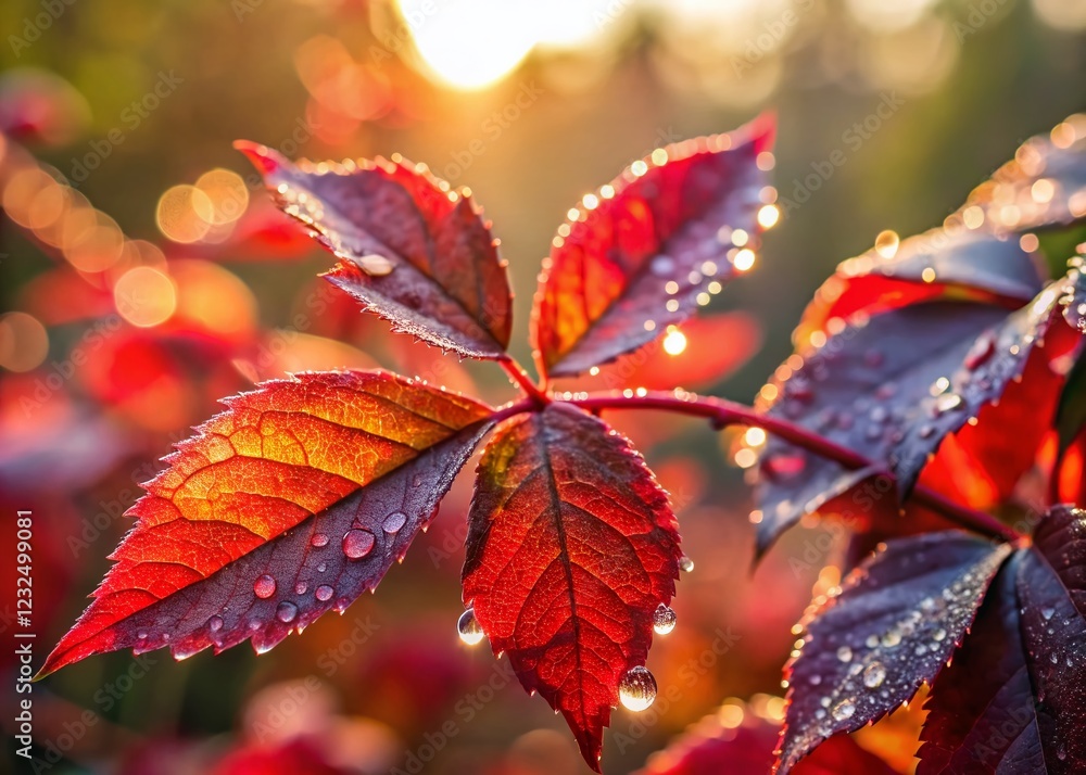Dew-Covered Red Leaves Sunrise Closeup - Nature Photography Stock Photo Dew-Covered Red Leaves Sunrise Closeup - Nature Photography Stock Photo