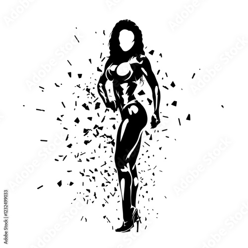Bodybuilding, woman silhouette widt distortion effect, isolated vector illustration of posing female fitness athlete, body building clip art