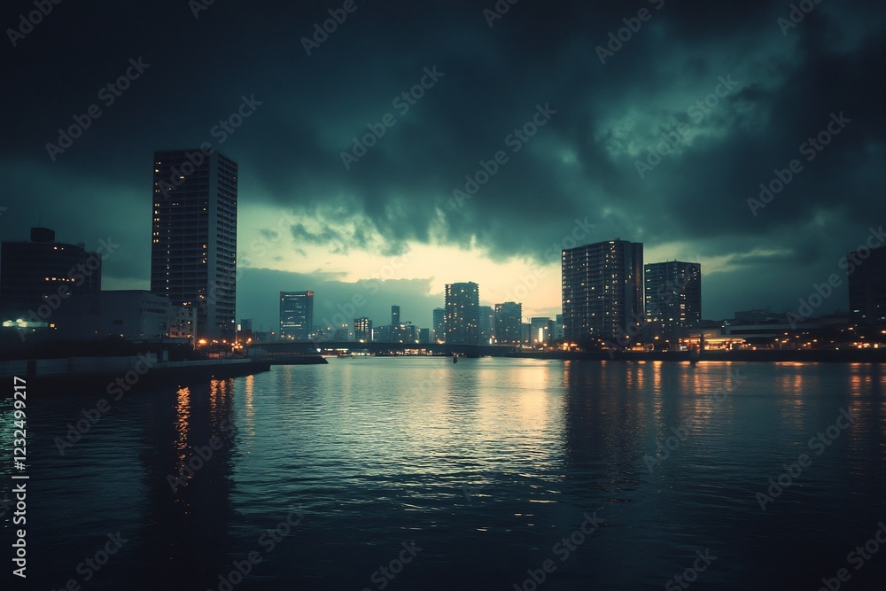 Fototapeta premium Night Cityscape: Urban Skyline Reflected in Dark Water