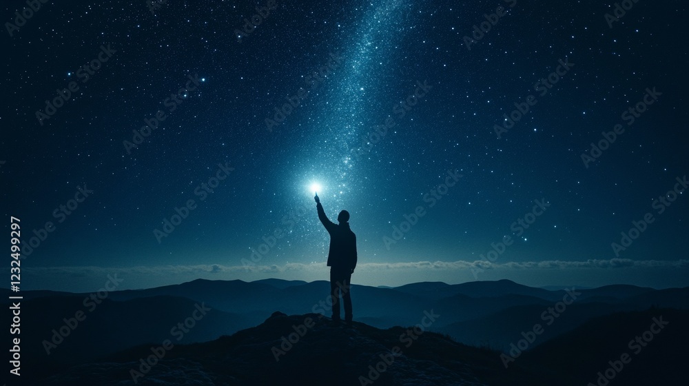 Fototapeta premium A man pointed a flashlight upward into the night sky.