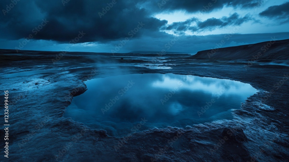 A pool of hot, bubbling water from underground lies in the middle of Iceland. The photo was taken at midnight during a storm. A pool of hot, bubbling water from underground lies in the middle of Iceland. The photo was taken at midnight during a storm.