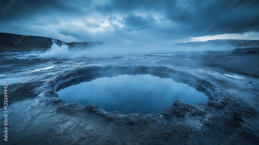 A pool of hot, bubbling water from underground lies in the middle of Iceland. The photo was taken at midnight during a storm. A pool of hot, bubbling water from underground lies in the middle of Iceland. The photo was taken at midnight during a storm.