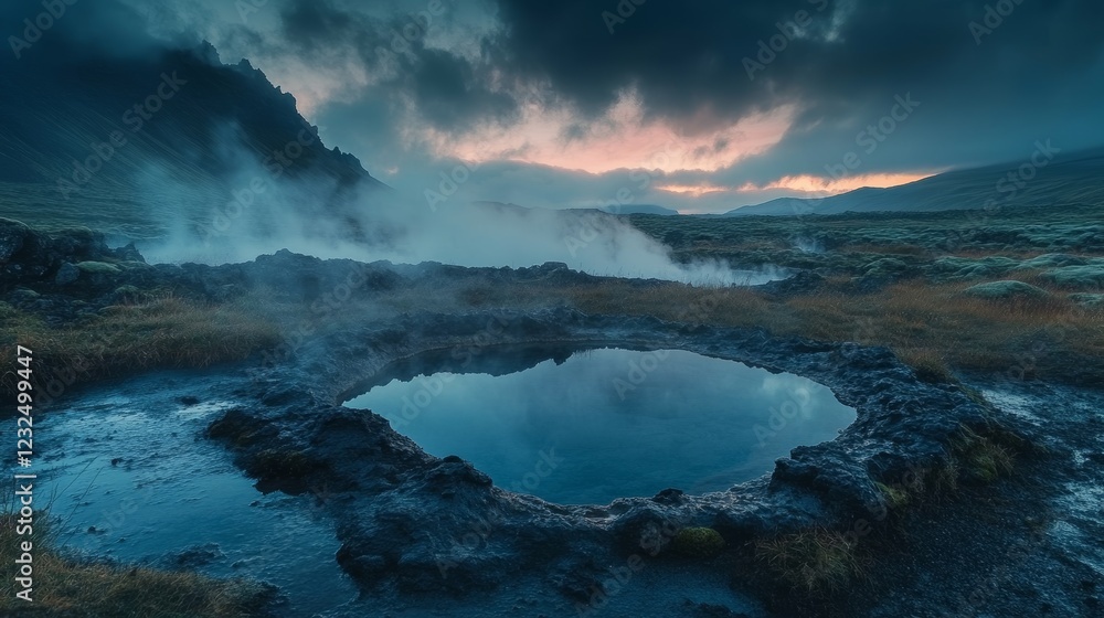 Fototapeta premium A pool of hot, bubbling water from underground lies in the middle of Iceland. The photo was taken at midnight during a storm.