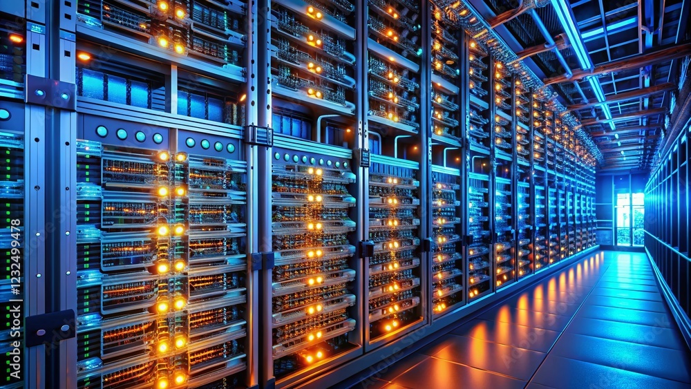 Dimly Lit Server Room: Network Data Center Technology Infrastructure Dimly Lit Server Room: Network Data Center Technology Infrastructure