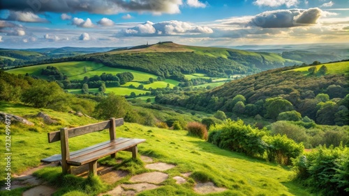 A serene view from a wooden bench, overlooking the tranquil Tor up and surrounded by lush greenery of wooded Dart Valley in Dartmoor National Park, Devon, UK , scenic valley, national park photo