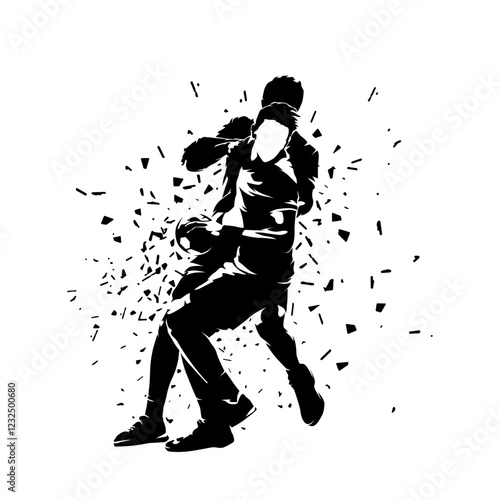 Handball, two players, isolated vector silhouette with distortion effect. Team sport athletes, clipart