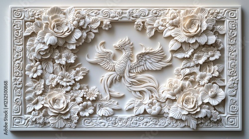 Intricate white relief sculpture of a phoenix surrounded by floral motifs on a textured background