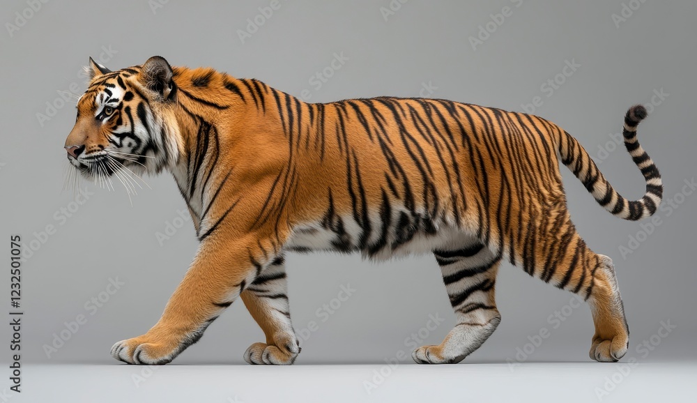 Obraz premium Profile view of an orange and black tiger walking against a gray background. The tiger's fur is detailed, and its expression is alert. The lighting