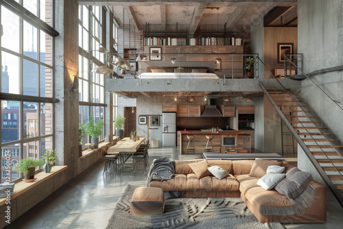 Spacious industrial-style loft with large windows, open-plan layout, wooden furnishings, mezzanine bedroom, modern kitchen, and cozy living area bathed in natural light