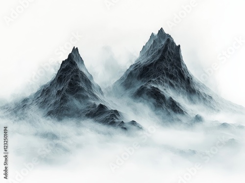 A traditional oriental watercolor Asian ink landscape depicting Chinese mountains enshrouded in fog, in the asia art style, isolated on a white background photo