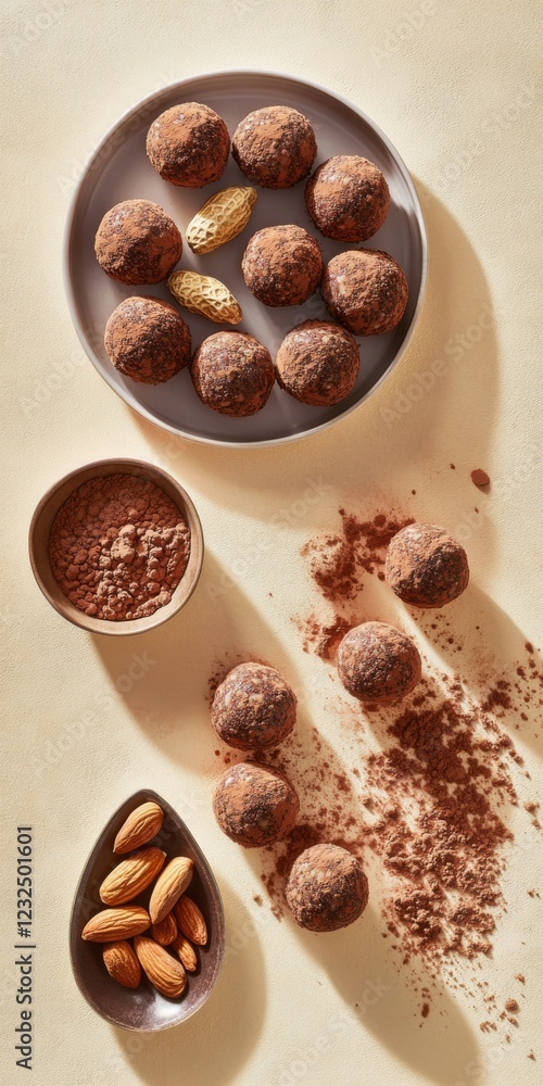 Healthy raw Nut balls with protein powder and cocoa. Geometry, flat lay, contrast shadows Healthy raw Nut balls with protein powder and cocoa. Geometry, flat lay, contrast shadows