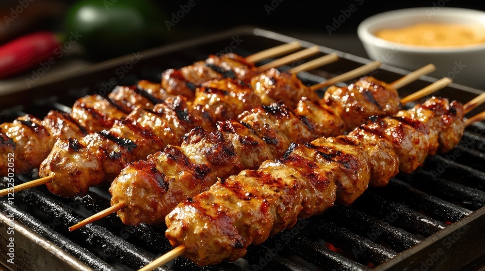 Grilled skewers of marinated meat on a barbecue grill with dipping sauce in the background Grilled skewers of marinated meat on a barbecue grill with dipping sauce in the background