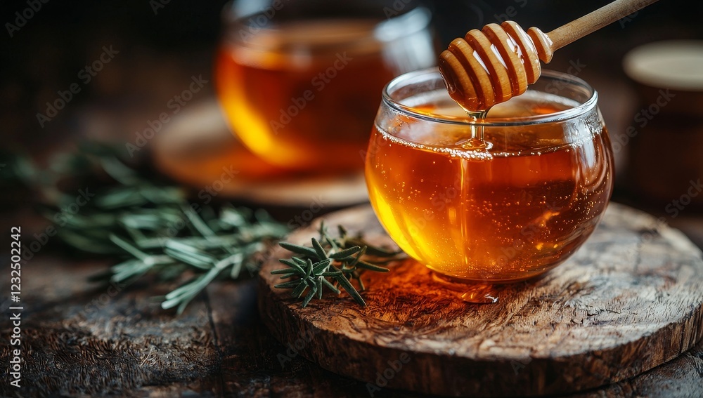A honey drop descending into tea, creating slow-motion ripples with rustic charm A honey drop descending into tea, creating slow-motion ripples with rustic charm