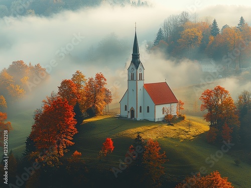 In Slovenia, the Church of St Primoz near Jamnik bathes in the sunset photo