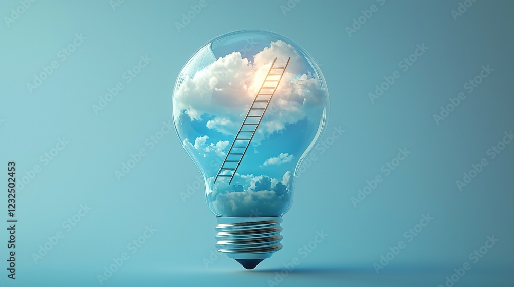 Conceptual Lightbulb Filled With Clouds And A Ladder Leading Upwards Toward Bright Sky. Conceptual Lightbulb Filled With Clouds And A Ladder Leading Upwards Toward Bright Sky.