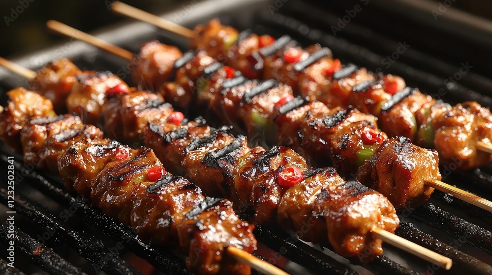 Grilled skewers of marinated meat and vegetables sizzling on a barbecue, with smoke and outdoor ambiance Grilled skewers of marinated meat and vegetables sizzling on a barbecue, with smoke and outdoor ambiance