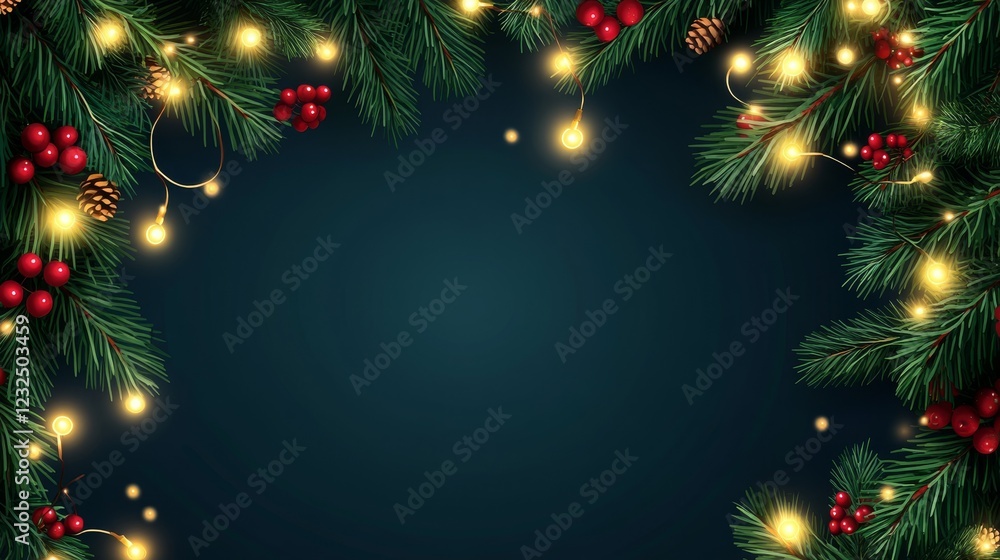 Realistic Christmas border with green fir branches, golden lights, and red berries. Vector Christmas garland decoration for cards and banners. Realistic Christmas border with green fir branches, golden lights, and red berries. Vector Christmas garland decoration for cards and banners.