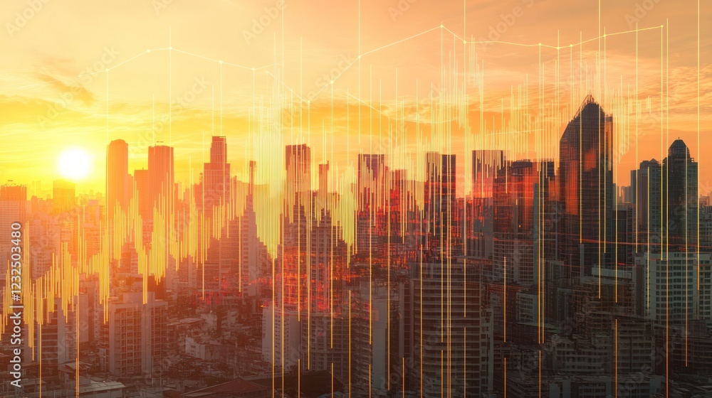 Golden Hour Metropolis: A Cityscape at Sunset with Overlayed Financial Data Golden Hour Metropolis: A Cityscape at Sunset with Overlayed Financial Data