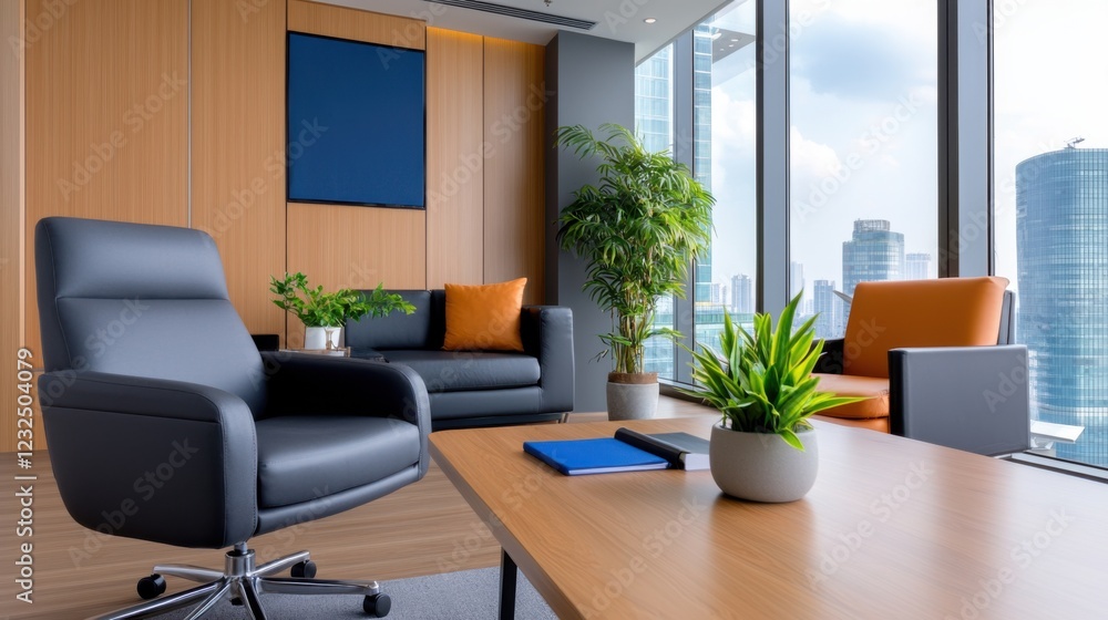 Stylish and modern corporate meeting room with seamless design elements featuring comfortable furniture natural decor and large windows offering a scenic view Stylish and modern corporate meeting room with seamless design elements featuring comfortable furniture natural decor and large windows offering a scenic view