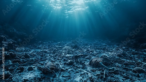 Deep Ocean Floor Skeletal Remains Under Blue Light Rays With Sediment and Scattered Debris. photo