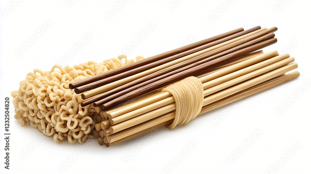 Dried Noodles with Stacked Chopsticks on a Solid White Background Food Product Still Life. Dried Noodles with Stacked Chopsticks on a Solid White Background Food Product Still Life.