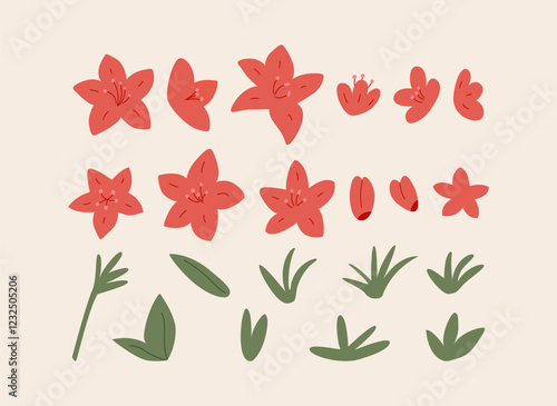 Set of various flower elements. Floral vector flat illustration. Azalea or poinsettia flower buds and leaves. Botanical hand drawn spring clipart